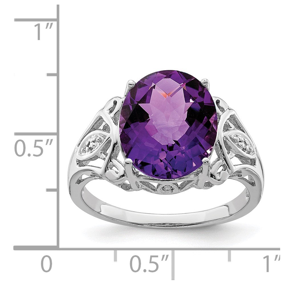 Sterling Silver Rhodium Oval Checker-Cut Amethyst & Diamond Ring