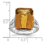 Sterling Silver Rhodium Octagonal Checker-Cut Whiskey Quartz Ring