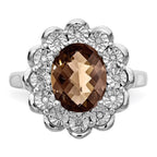 Sterling Silver Rhodium Diam. & Oval Checker-Cut Smoky Quartz Ring