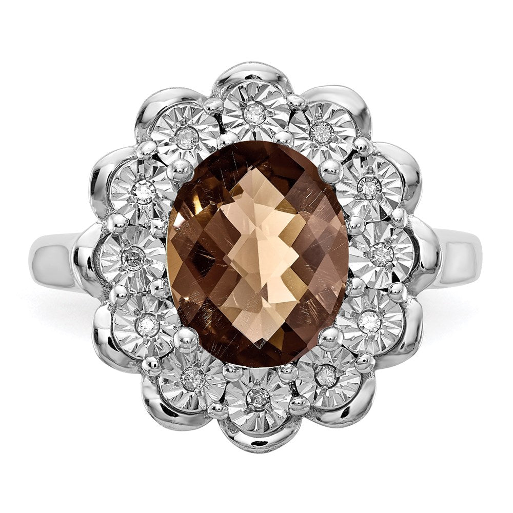 Sterling Silver Rhodium Diam. & Oval Checker-Cut Smoky Quartz Ring