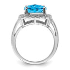 Sterling Silver Rhodium Diam. & Checker-Cut Blue Topaz Ring