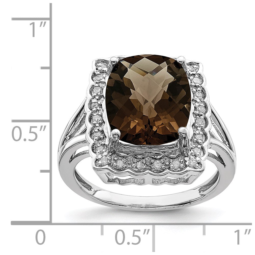 Sterling Silver Rhodium Diam. & Checker-Cut Smoky Quartz Ring