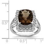 Sterling Silver Rhodium Diam. & Checker-Cut Smoky Quartz Ring