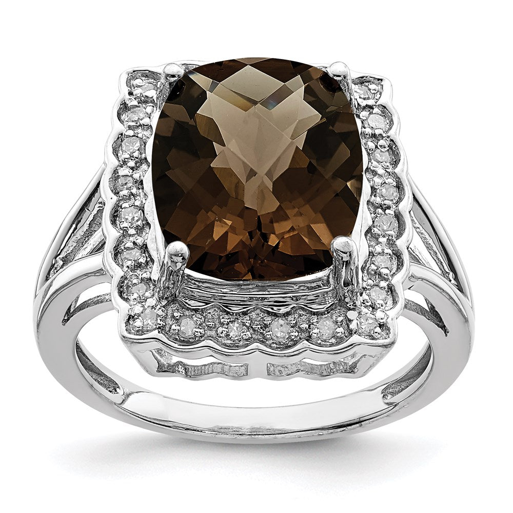 Sterling Silver Rhodium Diam. & Checker-Cut Smoky Quartz Ring