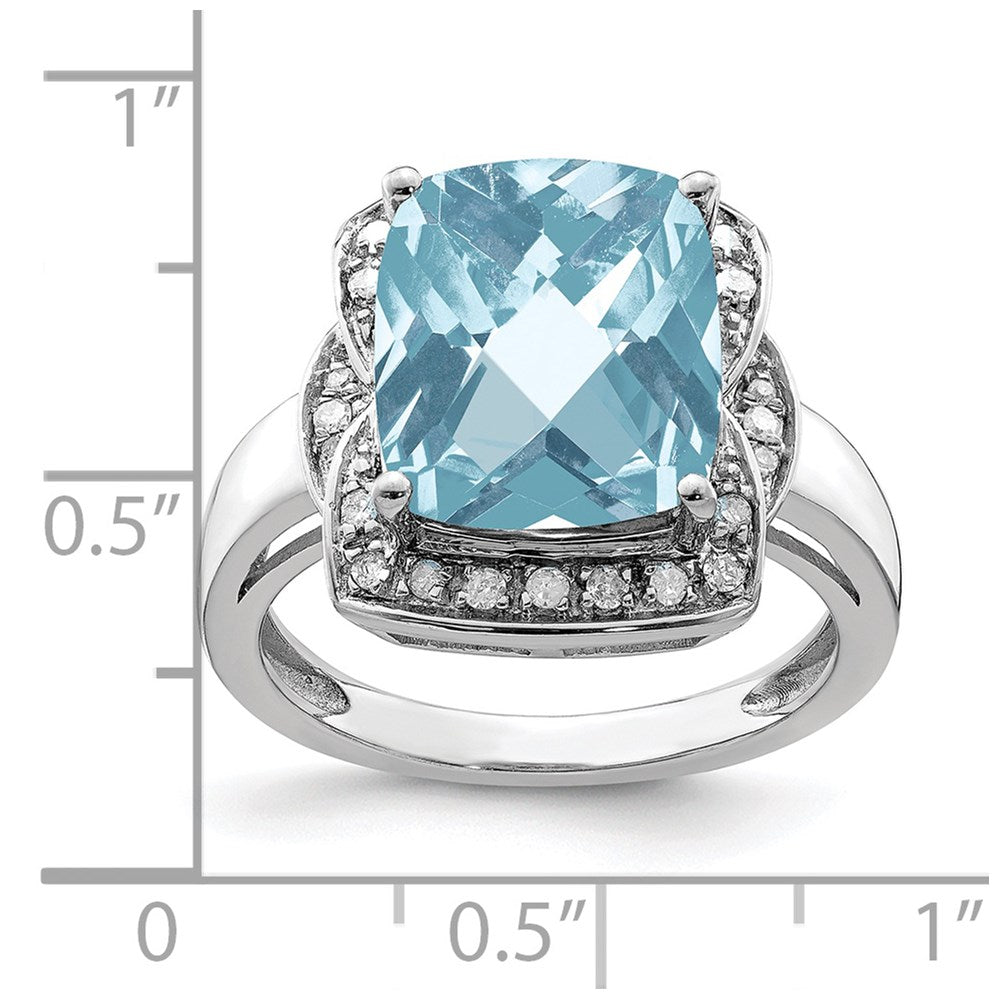Sterling Silver Rhodium Diam. & Checker-Cut Sky Blue Topaz Ring