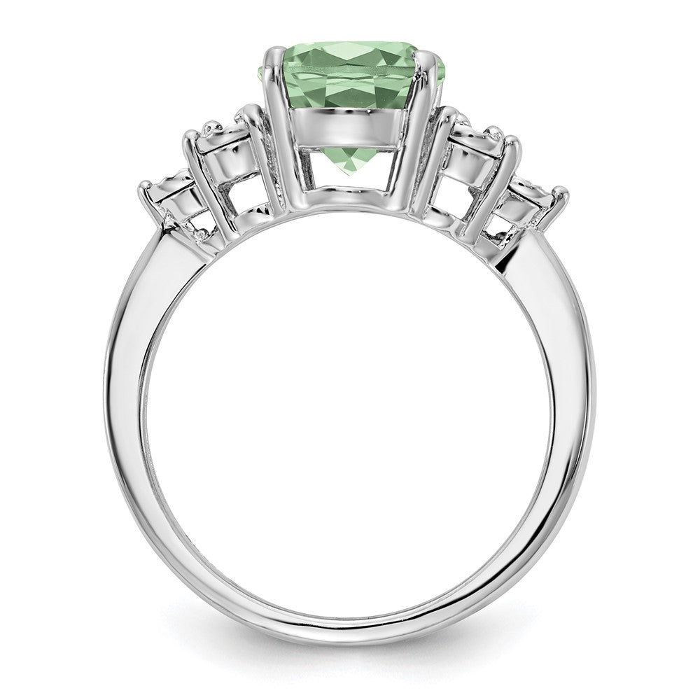 Sterling Silver Rhodium Diam. & Oval Green Quartz Ring