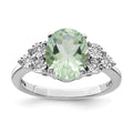 Sterling Silver Rhodium Diam. & Oval Green Quartz Ring