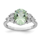 Sterling Silver Rhodium Diam. & Oval Green Quartz Ring