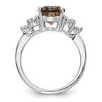 Sterling Silver Rhodium Diam. & Oval Smoky Quartz Ring
