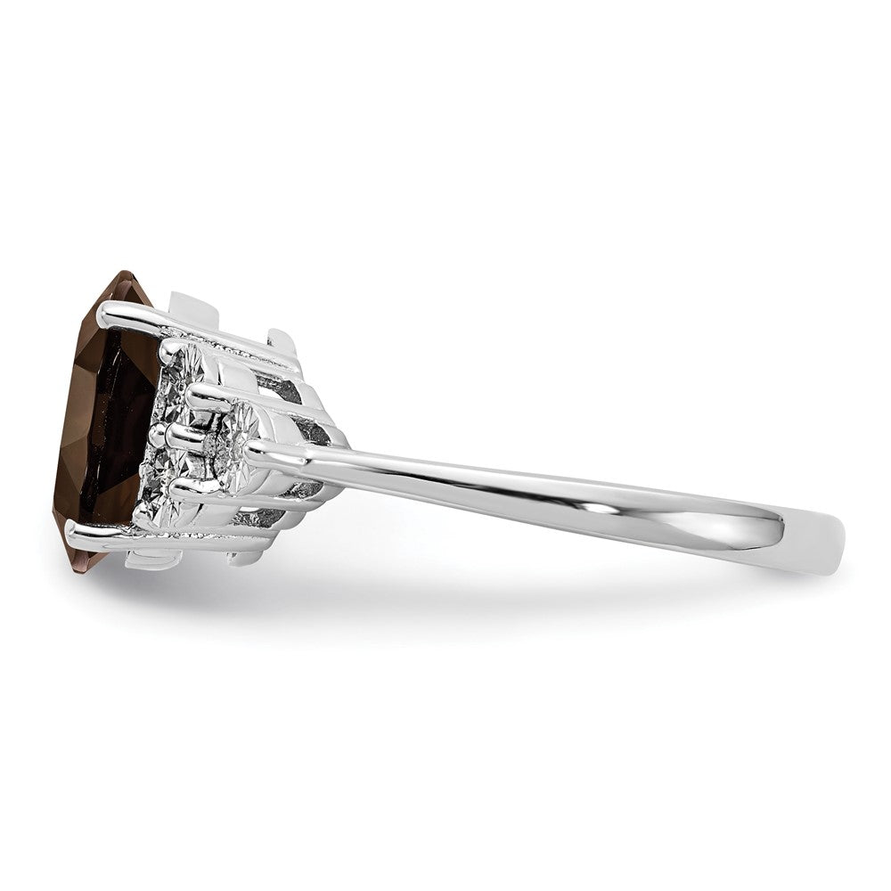 Sterling Silver Rhodium Diam. & Oval Smoky Quartz Ring