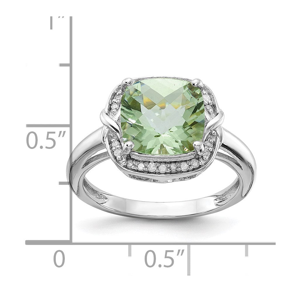 Sterling Silver Rhodium Diam. & Checker-Cut Green Quartz Ring