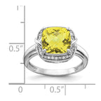 Sterling Silver Rhodium Diam. & Checker-Cut Lemon Quartz Ring
