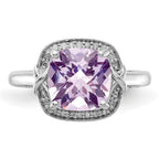 Sterling Silver Rhodium Diam. & Checker-Cut Pink Quartz Ring