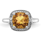 Sterling Silver Rhodium Diam. & Checker-Cut Whiskey Quartz Ring