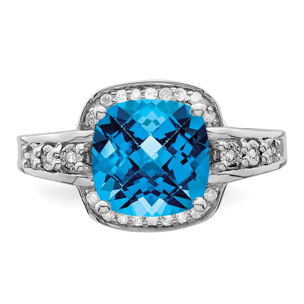 Sterling Silver Rhodium Diam. & Checker-Cut Blue Topaz Ring