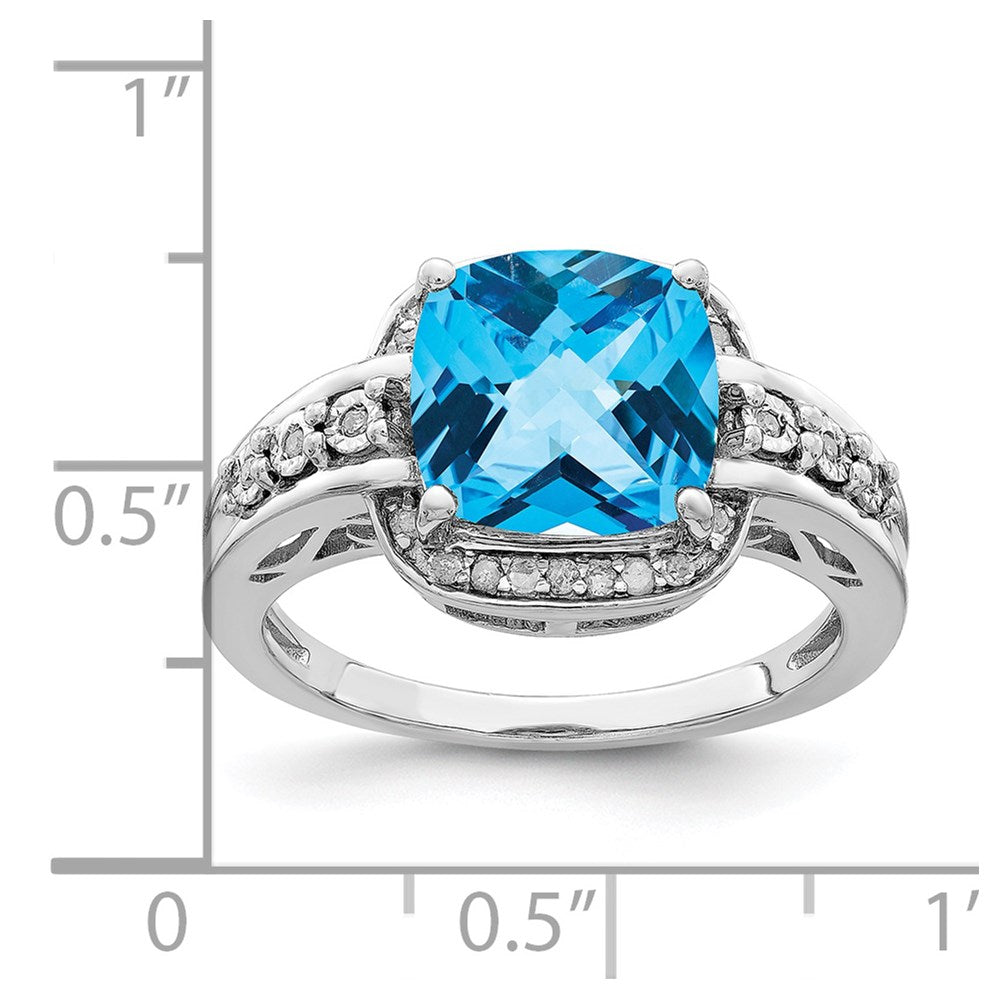 Sterling Silver Rhodium Diam. & Checker-Cut Blue Topaz Ring