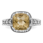 Sterling Silver Rhodium Diam. & Checker-Cut Lemon Quartz Ring