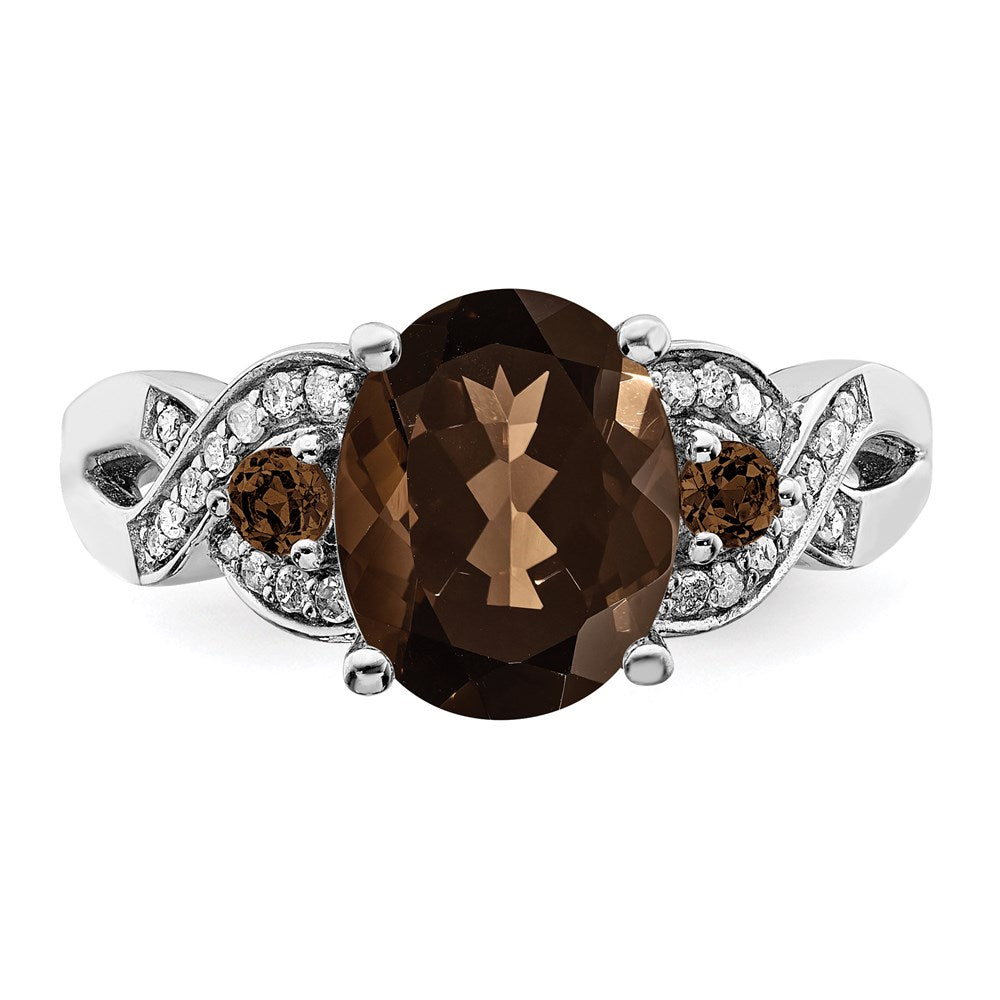 Sterling Silver Rhodium Oval Diam. & Smoky Quartz Ring