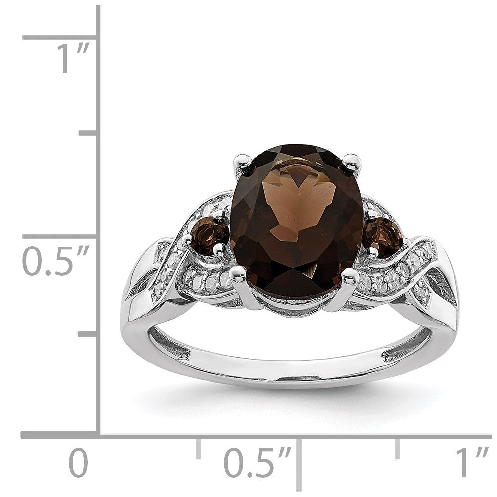 Sterling Silver Rhodium Oval Diam. & Smoky Quartz Ring
