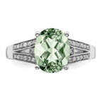 Sterling Silver Rhodium Diam. & Oval Green Quartz Ring