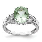 Sterling Silver Rhodium Diam. & Oval Green Quartz Ring