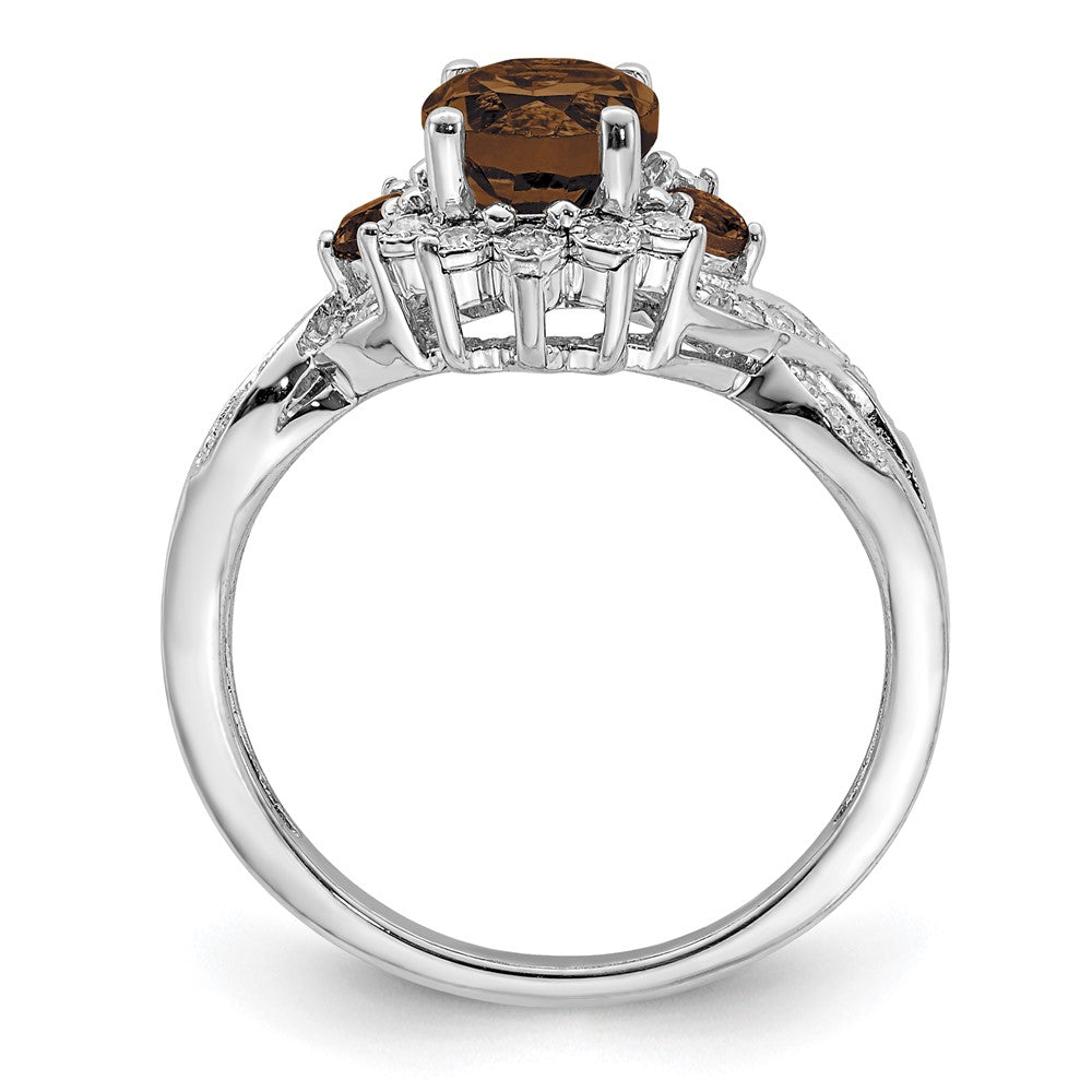 Sterling Silver Rhodium Diam. & Oval Smoky Quartz Ring