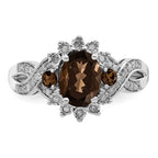 Sterling Silver Rhodium Diam. & Oval Smoky Quartz Ring