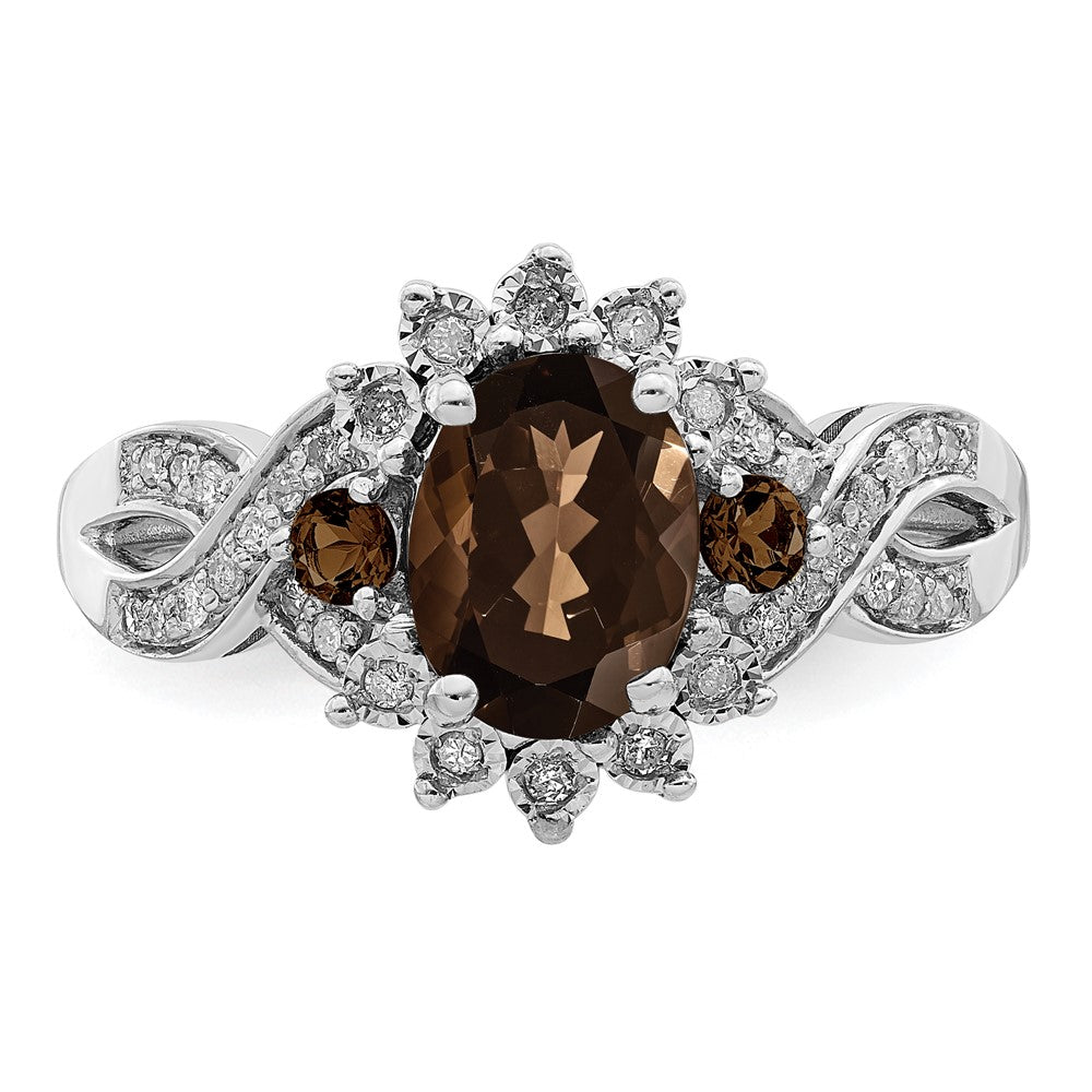 Sterling Silver Rhodium Diam. & Oval Smoky Quartz Ring