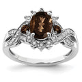 Sterling Silver Rhodium Diam. & Oval Smoky Quartz Ring