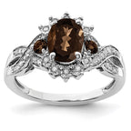 Sterling Silver Rhodium Diam. & Oval Smoky Quartz Ring