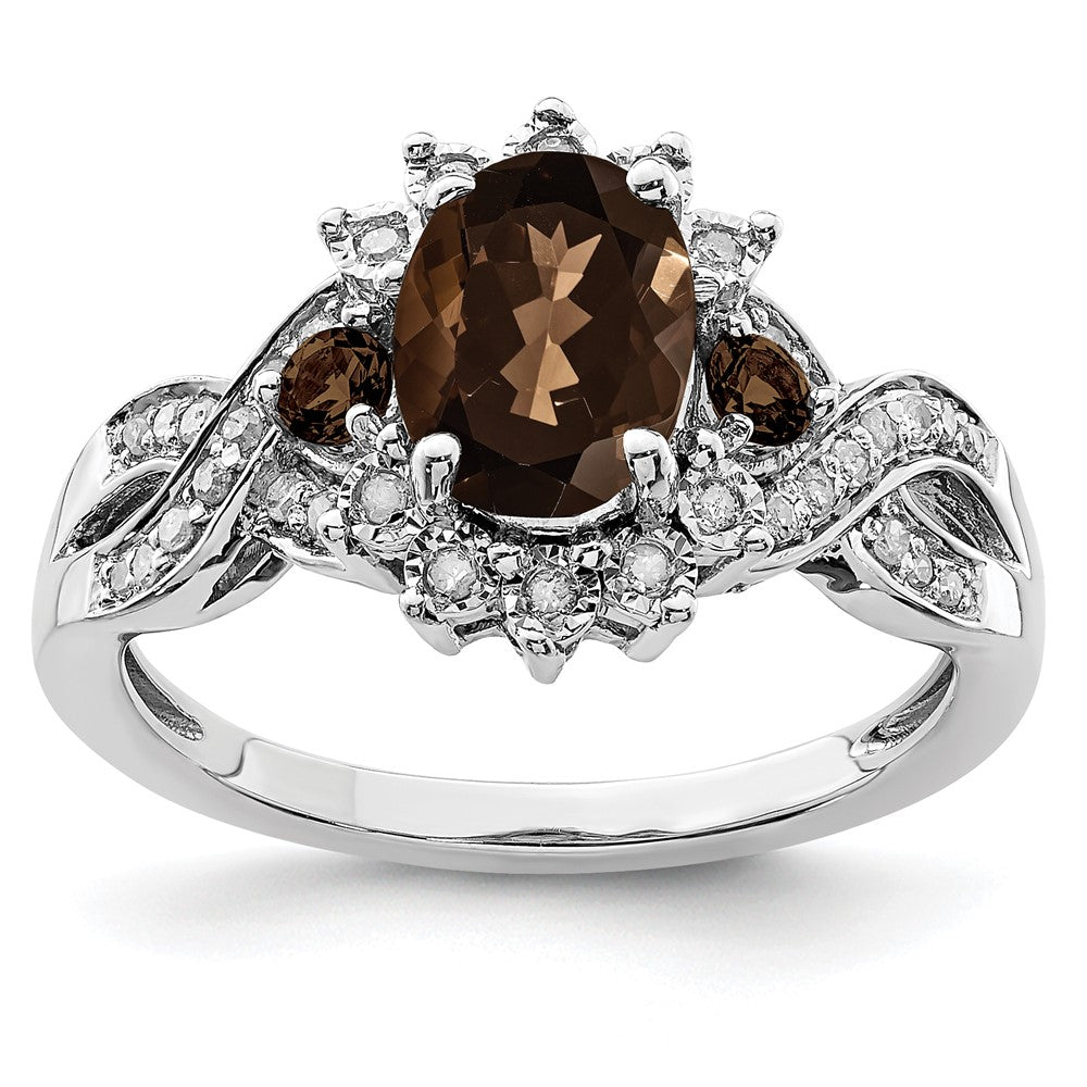 Sterling Silver Rhodium Diam. & Oval Smoky Quartz Ring