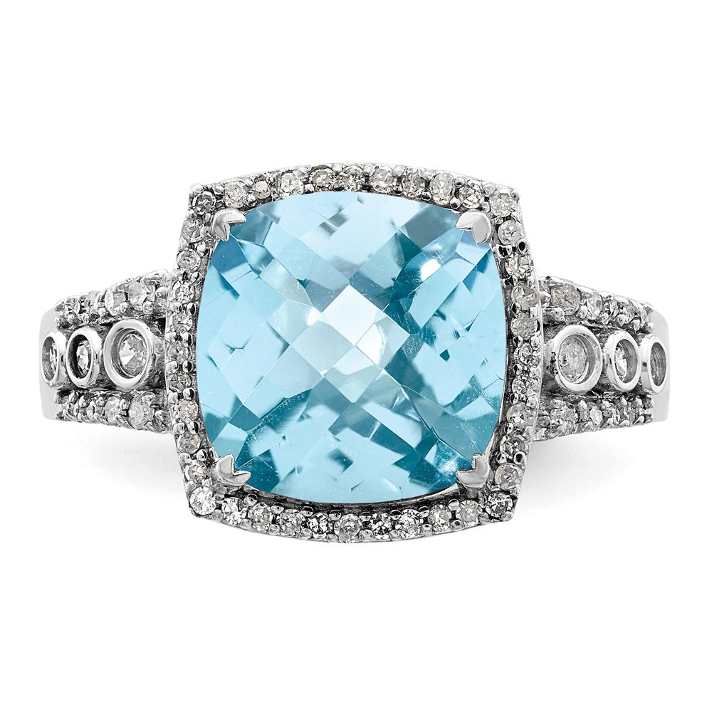Sterling Silver Rhodium Diam. & Checker-Cut Sky Blue Topaz Ring
