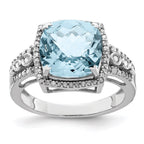Sterling Silver Rhodium Diam. & Checker-Cut Sky Blue Topaz Ring