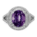 Sterling Silver Rhodium-plated Oval Amethyst & Diamond Ring