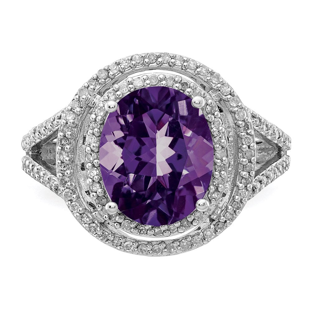 Sterling Silver Rhodium-plated Oval Amethyst & Diamond Ring