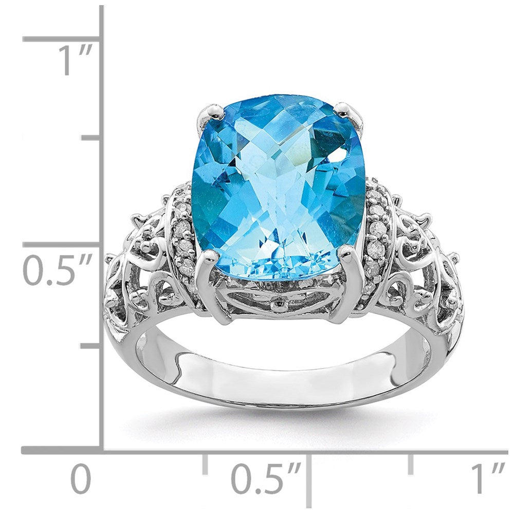 Sterling Silver Rhodium Checker-Cut Blue Topaz & Diam. Ring