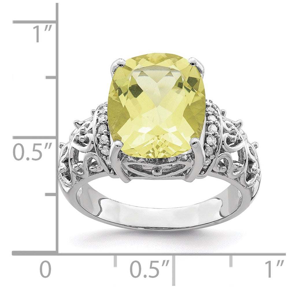Sterling Silver Rhodium Diam. & Checker-Cut Lemon Quartz Ring