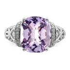 Sterling Silver Rhodium Diam. & Checker-Cut Pink Quartz Ring