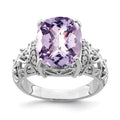 Sterling Silver Rhodium Diam. & Checker-Cut Pink Quartz Ring