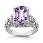 Sterling Silver Rhodium Diam. & Checker-Cut Pink Quartz Ring