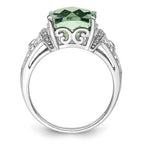 Sterling Silver Rhodium Diam. & Checker-Cut Green Quartz Ring
