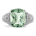 Sterling Silver Rhodium Diam. & Checker-Cut Green Quartz Ring