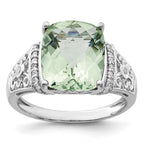 Sterling Silver Rhodium Diam. & Checker-Cut Green Quartz Ring