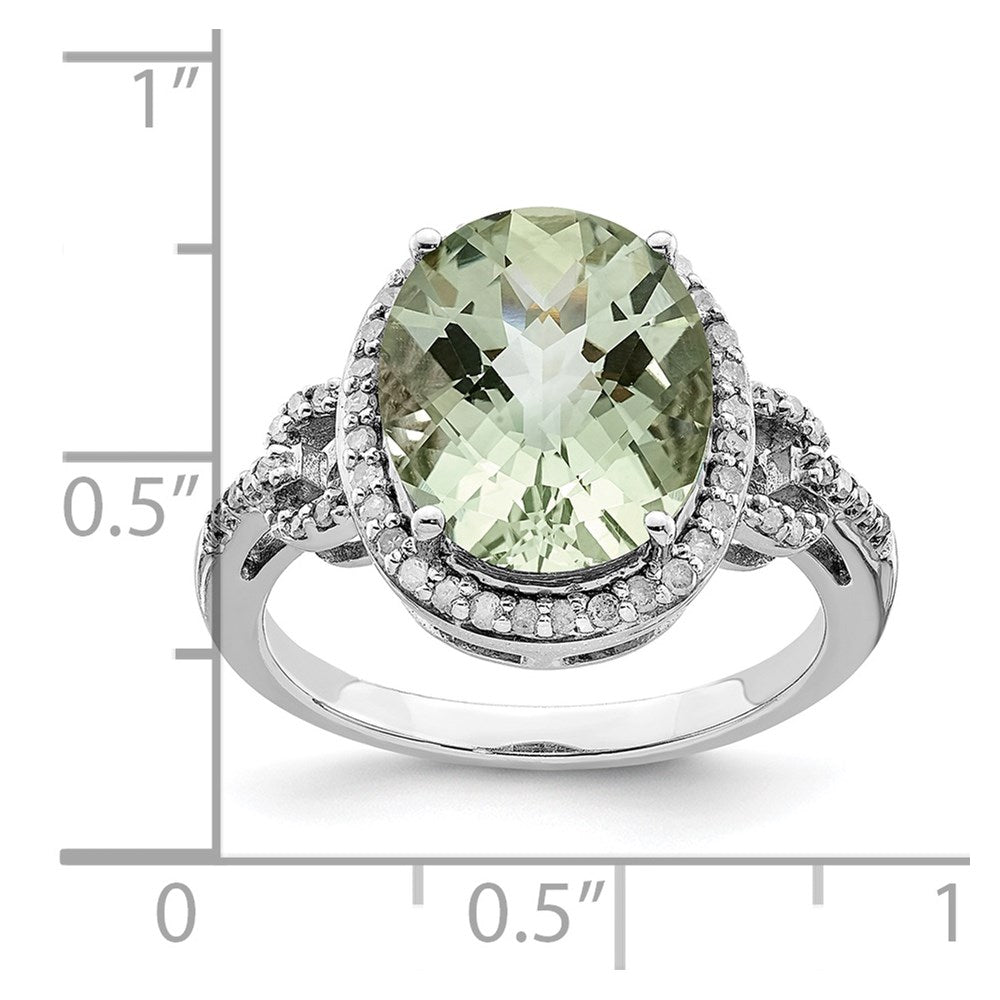Sterling Silver Rhodium Oval Diam. & Checker-Cut Green Quartz Ring