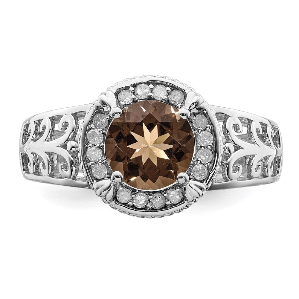 Sterling Silver Rhodium Diam. & Smoky Quartz Ring