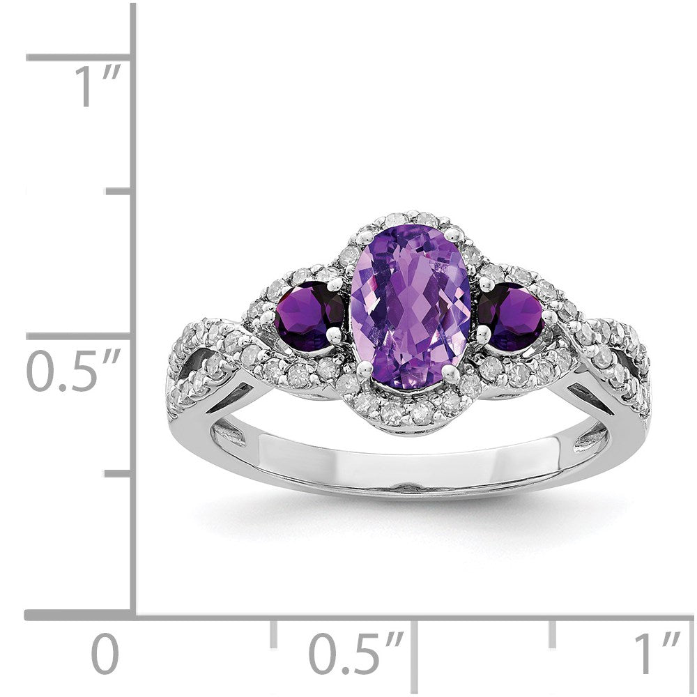 Sterling Silver Rhodium-plated Oval Amethyst & Diamond Ring