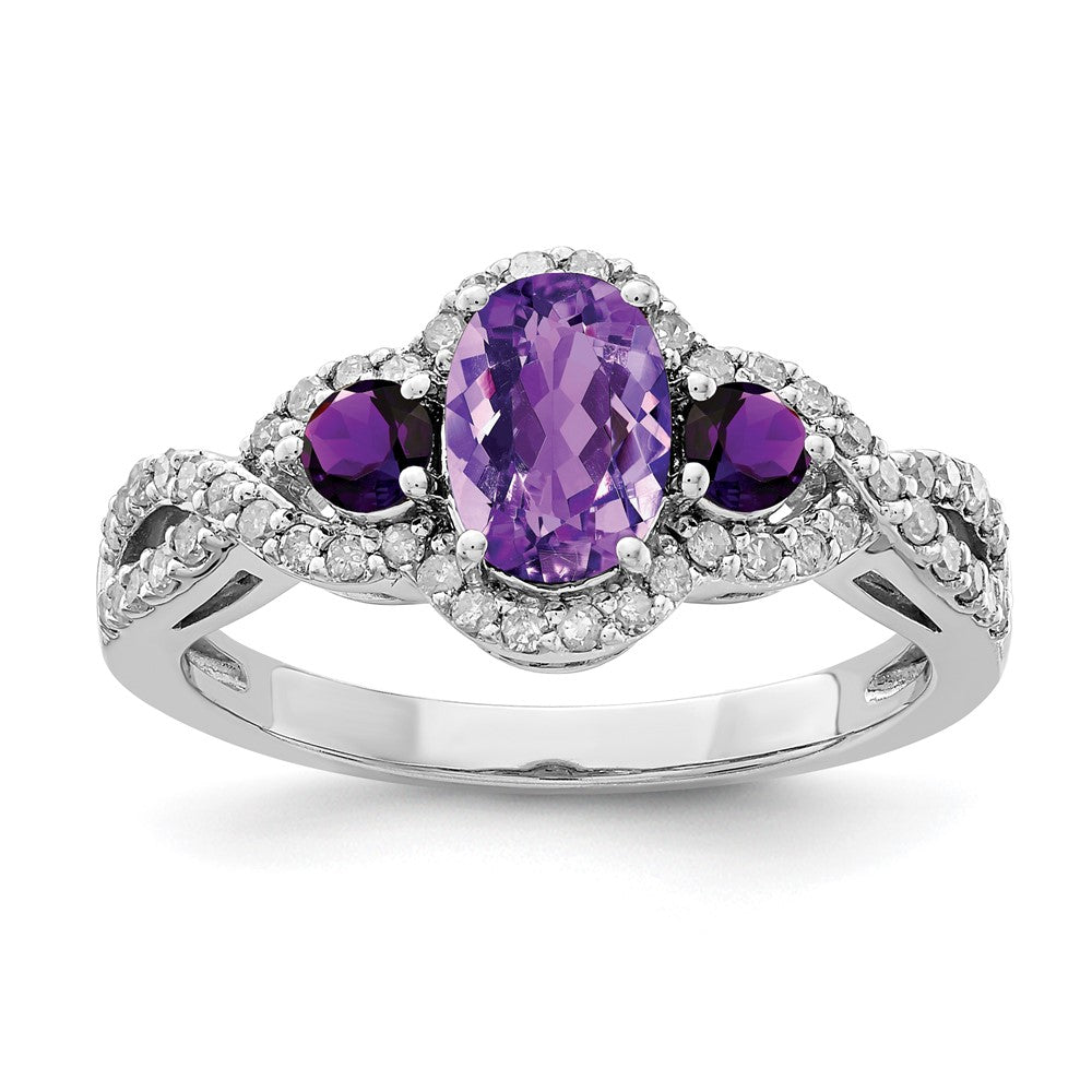 Sterling Silver Rhodium-plated Oval Amethyst & Diamond Ring