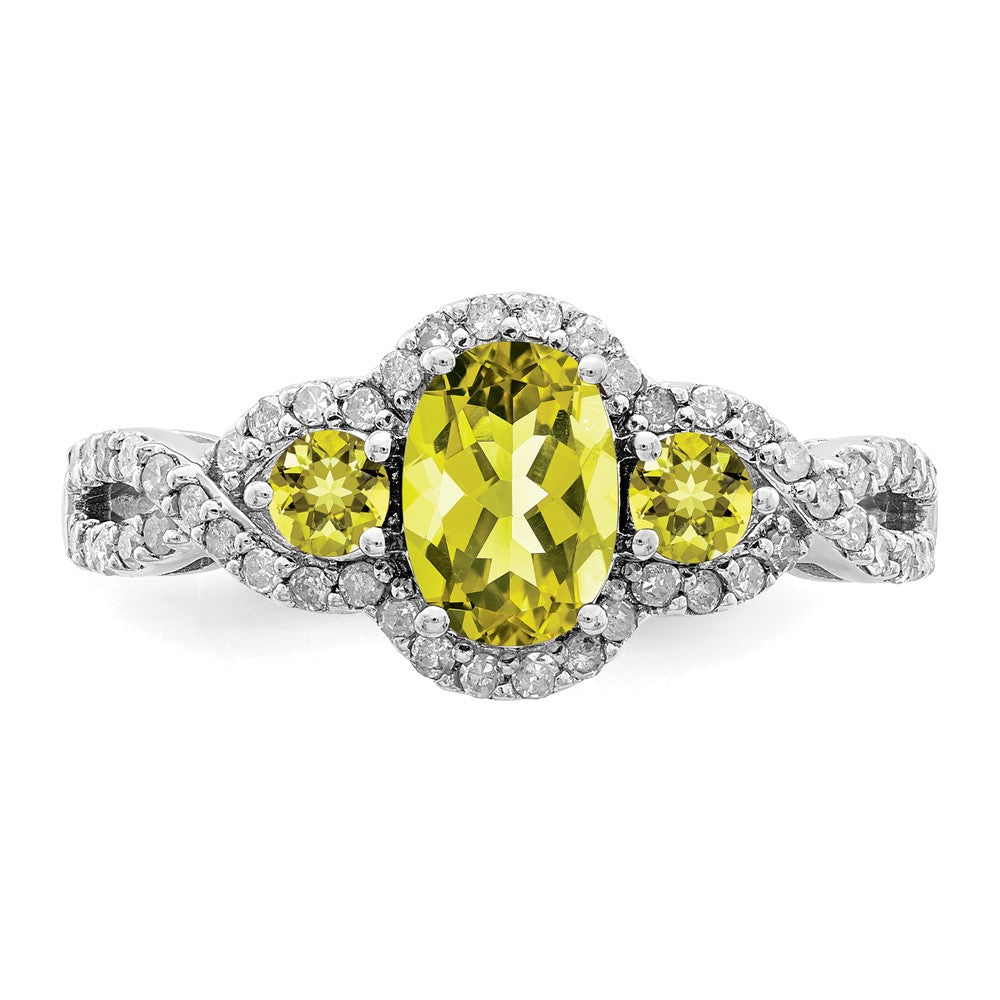 Sterling Silver Rhodium Oval Diam. & Lemon Quartz Ring