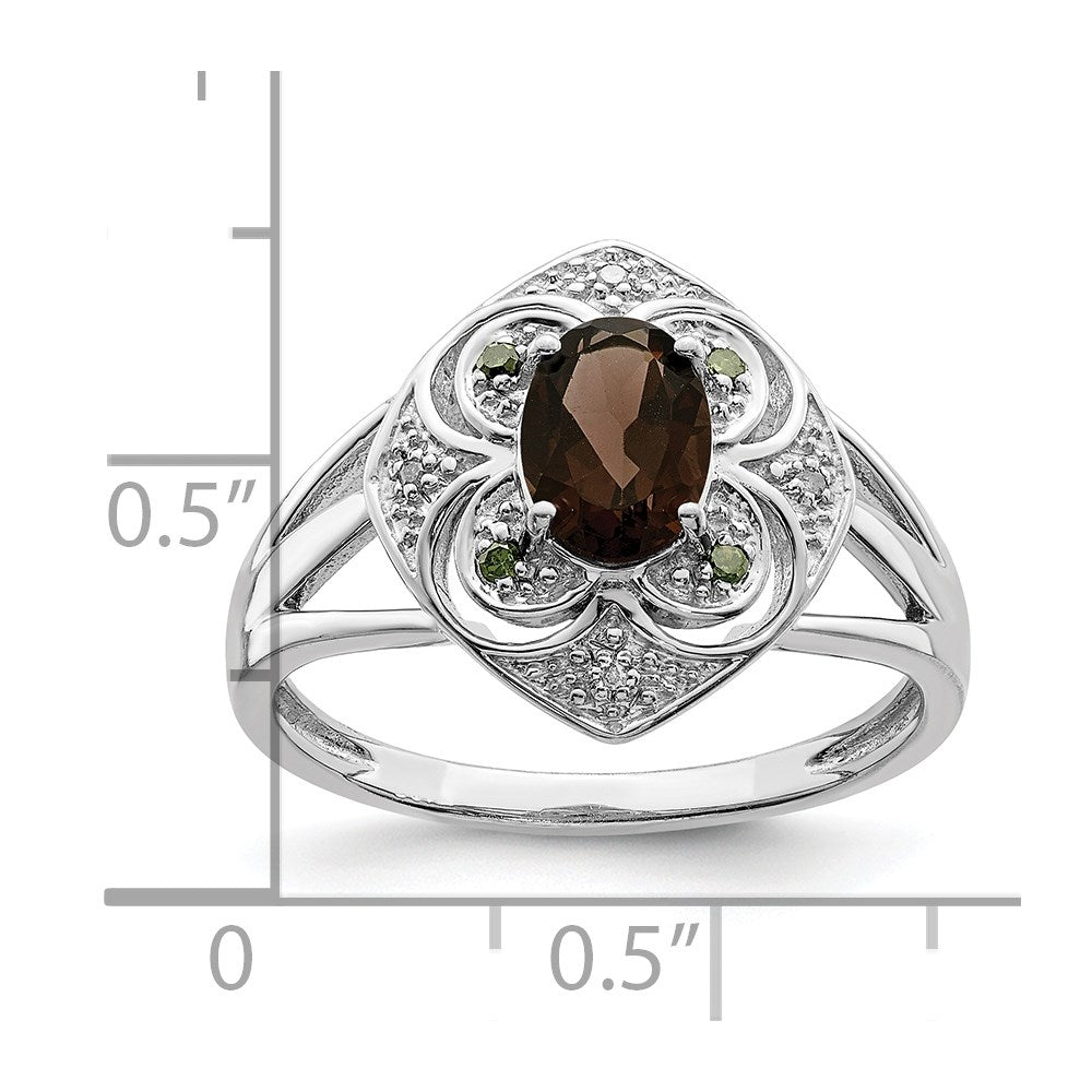 Sterling Silver Rhodium Oval Smoky Quartz & Diam. Ring