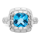 Sterling Silver Rhodium Checker-Cut Blue Topaz Ring